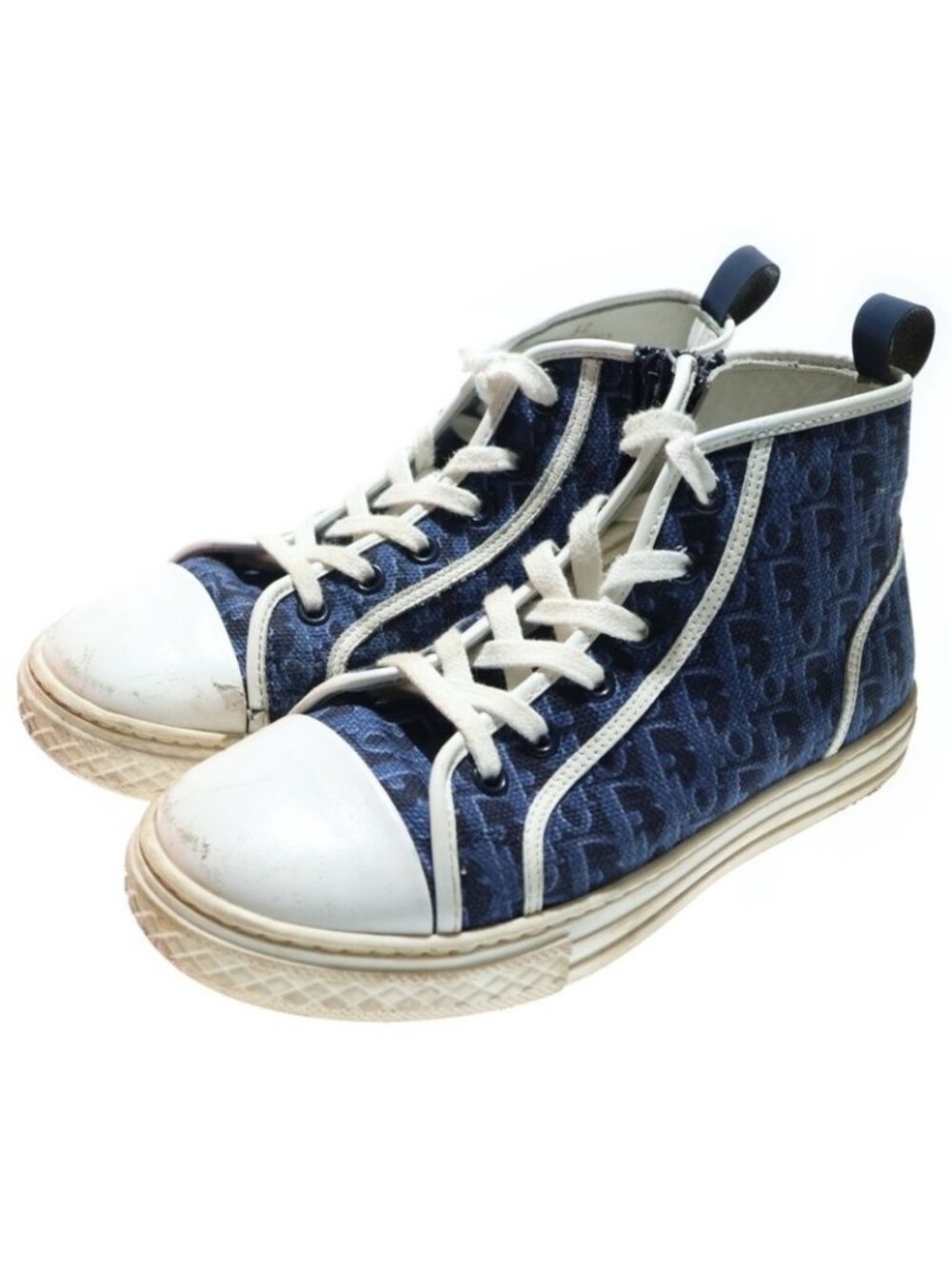 Dior Oblique Pattern Canvas Leather Lace Up High Cut Shoes Sneakers Navy - Picture 2 of 6